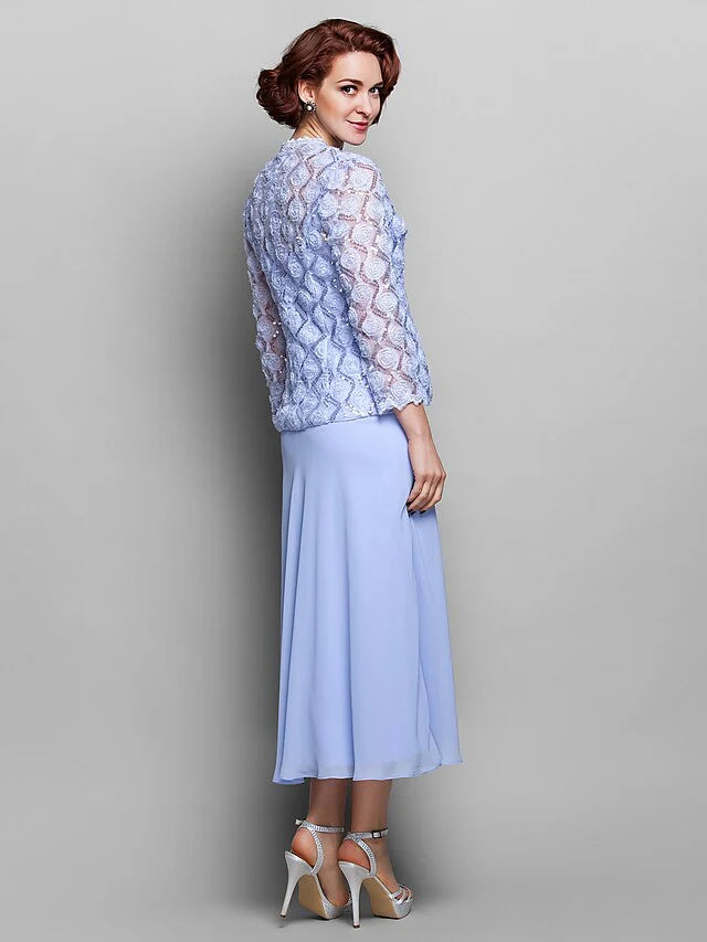 Wholesale Mother of the Bride Dress Wrap Included Straps Tea Length Chiffon Lace Long Sleeve with Lace